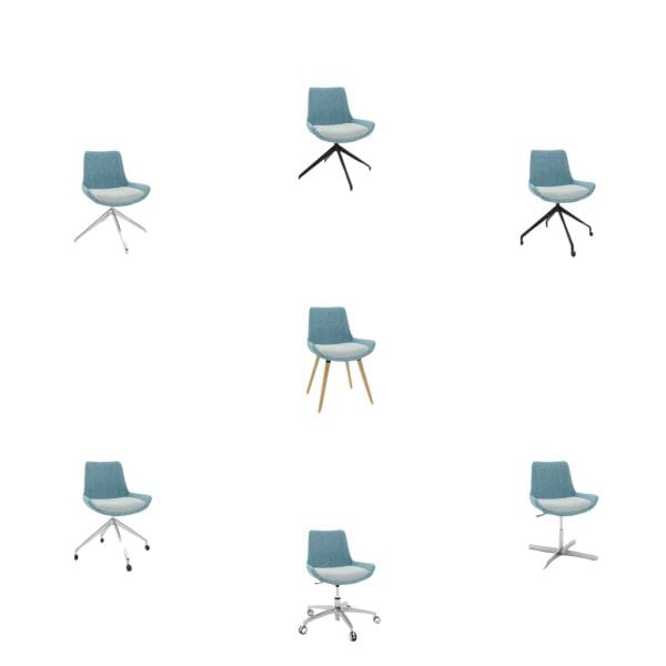 Collection of blue chairs with various bases.