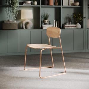 Faye chair in front of storage wall