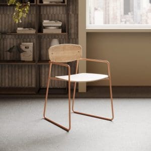 Faye chair in front of storage wall