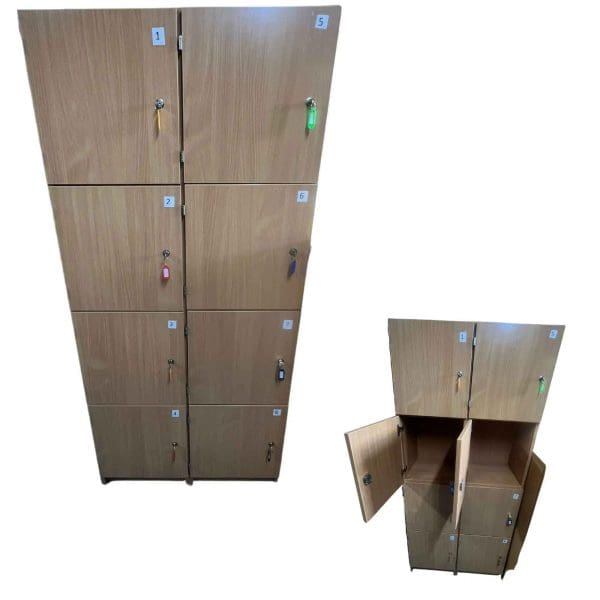 A set of light wood lockers, some closed and numbered, with one smaller unit shown with open doors revealing interior shelves.