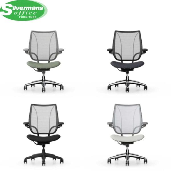 A collage of four ergonomic office chairs from Silvermans Office Furniture, featuring a gray mesh back and seats in green, dark gray, black, and light gray.