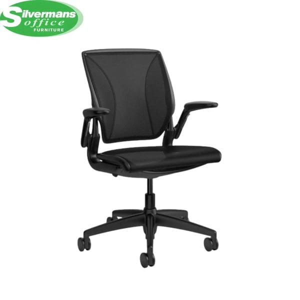 A black ergonomic office chair with a mesh back, cushioned seat, adjustable armrests, and five-star caster base, featuring the Silvermans Office Furniture logo.