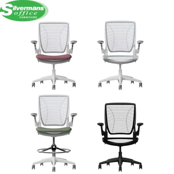 Front view of four modern mesh-back ergonomic office chairs in various frame and seat color variations, displayed under the Silvermans Office Furniture logo.